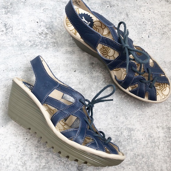 Fly London Shoes - Fly London Navy Yapi Lace Up Wedge Sandals